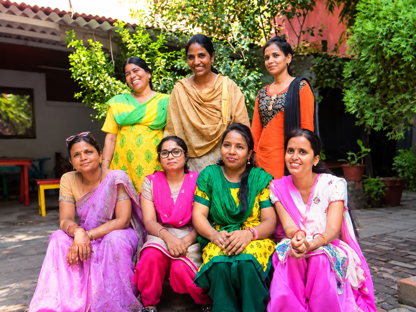 smiling women in a garden courtyard